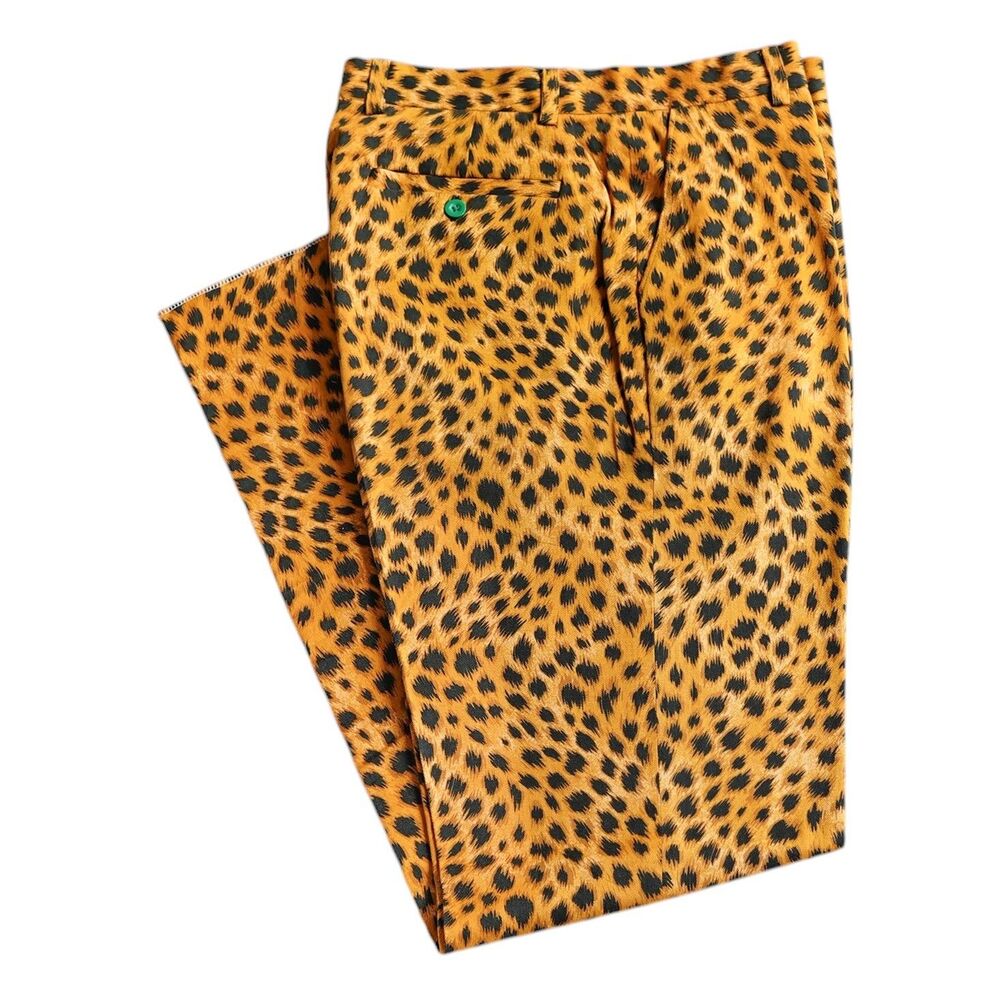 Mens Leopard Print Pants 32 Gold Black Animal Print Straight Fit Dress Trousers - Picture 1 of 7